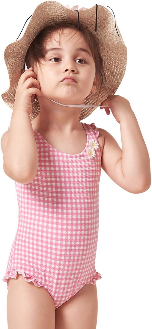 Julysand Toddler Girls One Piece Skirt Swimsuit Pink and White Striped 3D Flower Ruffled Swimwear Dress