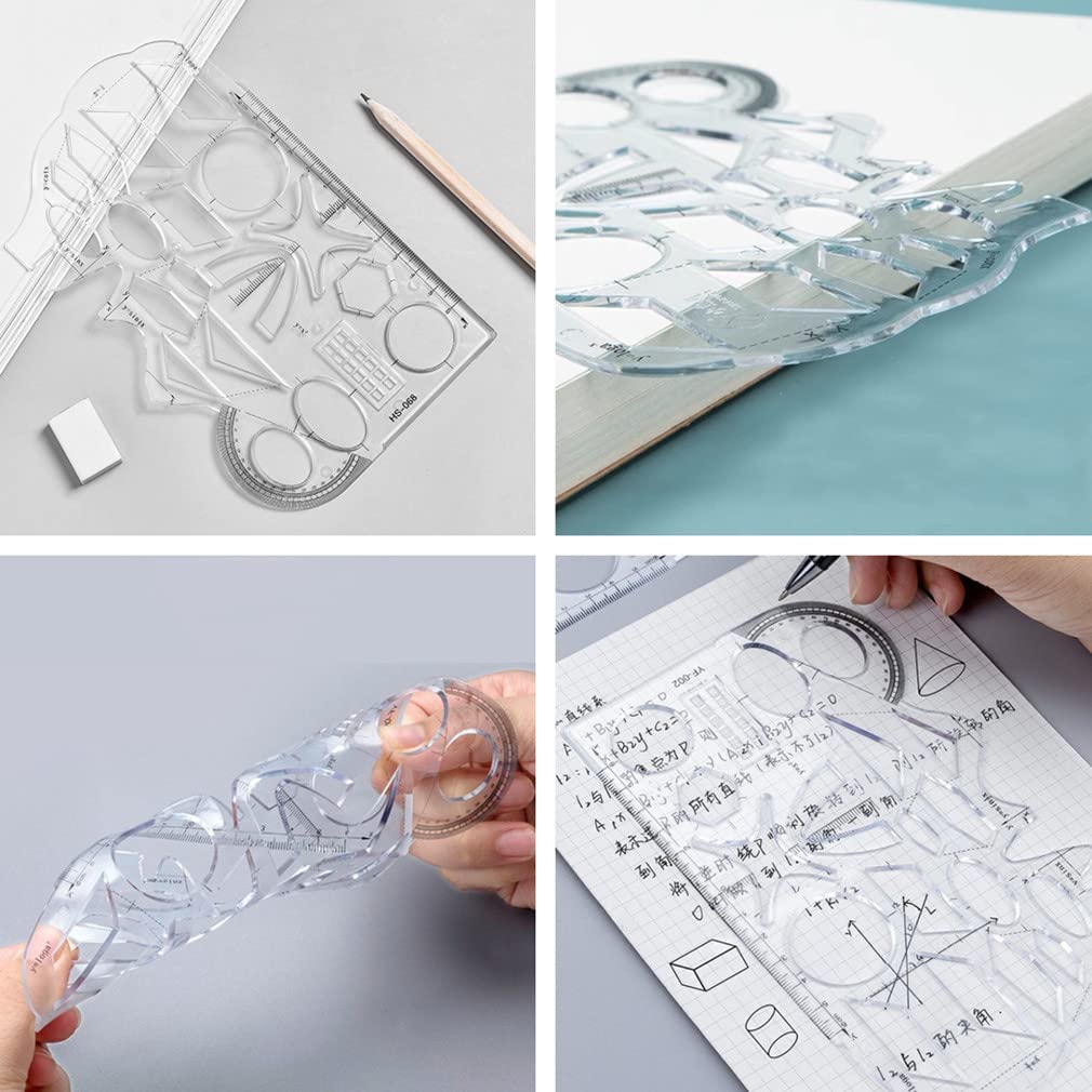 4 Pcs Multifunctional Geometric Ruler Drawing Tools Plastic Ruler Set Mathematics Measuring Circle Drawing Rulers Yuyu