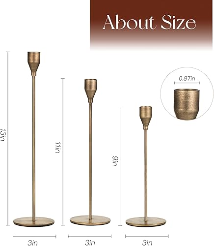 Miniatura 2 de Portavelas cónicos de latón Juego de 3 candelabros altos para centro de mesa de metal dorado candelabros candelabros soporte de vela cepillado