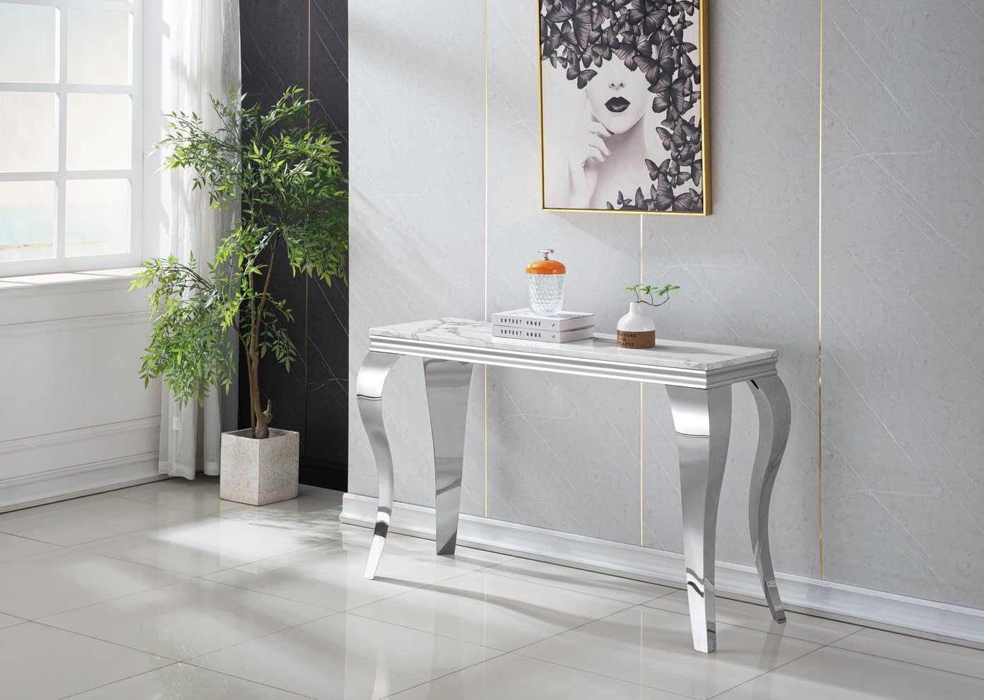 Faux Marble Console Table, 47" Entryway Tables Narrow Entry Table with 0.71" Thick Marble Tabletop and Silver Mirrored S-Shape Stainless Steel Base,