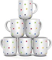 Francois et Mimi 6-Pack Large 16oz Ceramic Coffee Mugs White Polka Dot - Durable Stoneware, Dishwasher Microwave Safe