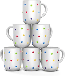 Francois et Mimi 6-Pack Large 16oz Ceramic Coffee Mugs White Polka Dot - Durable Stoneware, Dishwasher Microwave Safe