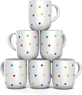 Francois et Mimi, Set of 6 Large 16 Ounce Ceramic Coffee Mugs (White Polka Dot)