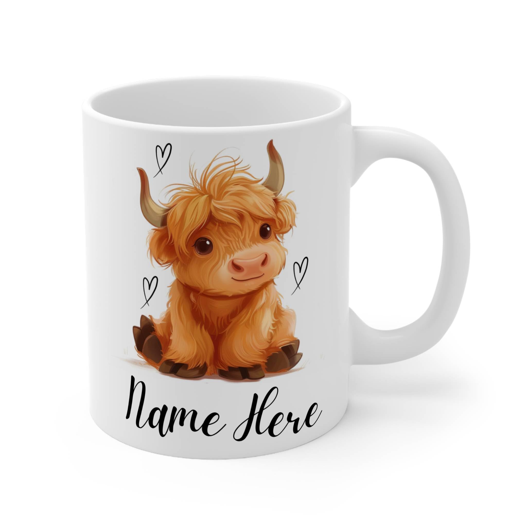 Personalised Highland Cow Mug Custom Name, Cute Cow Mug Gift for Her, Girlfriend, Daughter, Highland Cow Coffee Cup, Unique Personalised Gift (White 11oz, Mug)