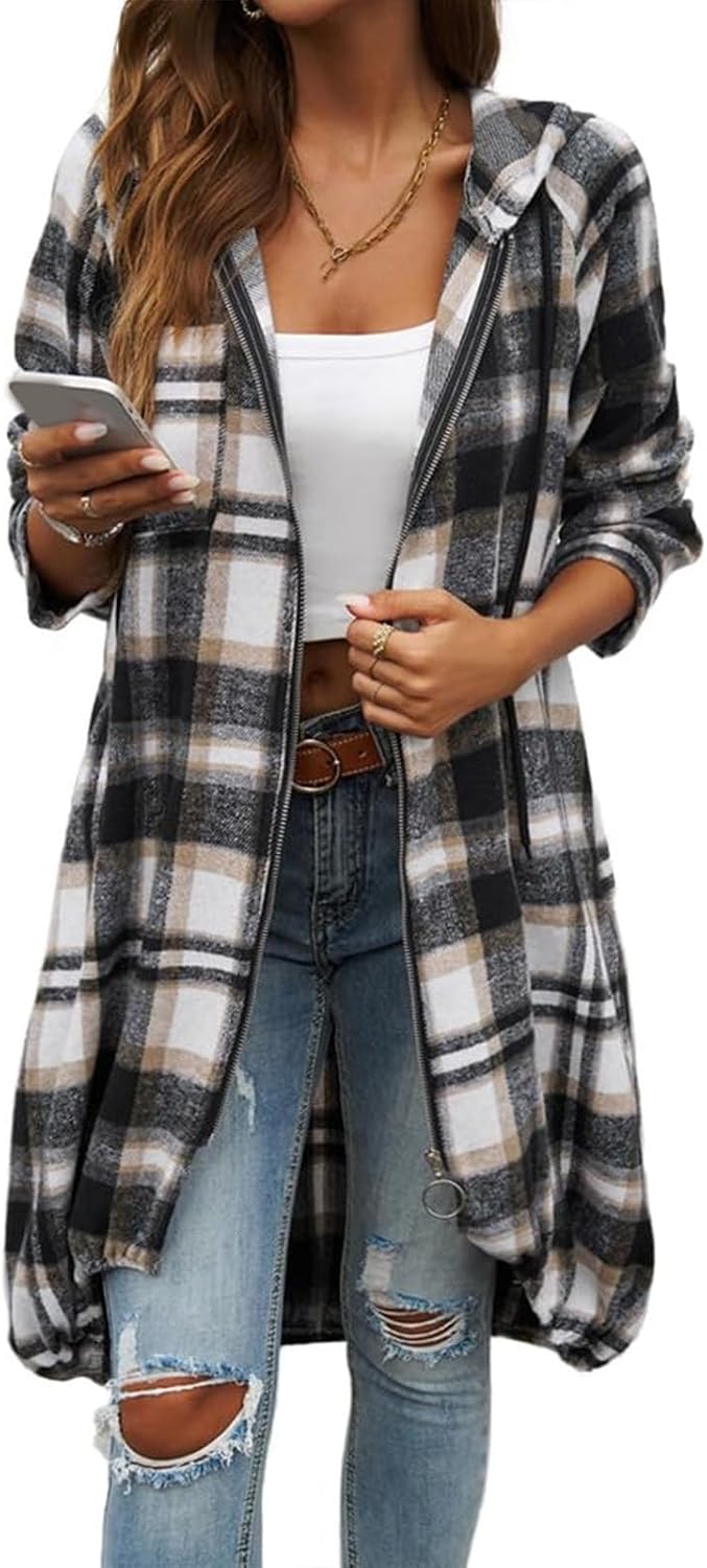 Womens Plaid Shacket Color Block Long Jacket Casual Zip Up Hoodies Winter Trench Coat Hooded Sleeve Vintage Shacket