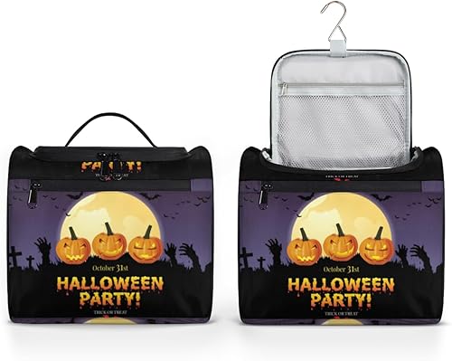 Bolsa de aseo con temática de Halloween para mujer, organizador de maquillaje de viaje con gancho para colgar, bolsas de cosméticos de viaje para