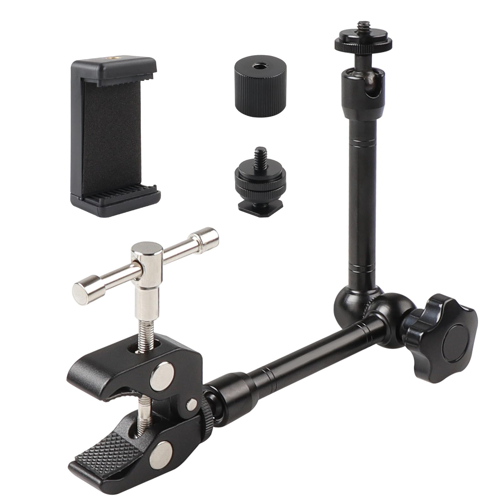 11 Zoll Verstellbarer Gelenkarm Magic Arm, Super Clamp mit 1/4" und 3/8" Schraubenlöchern und Einer Doppelloch-Telefonhalterung für Foto, Video und Kameraausrüstung