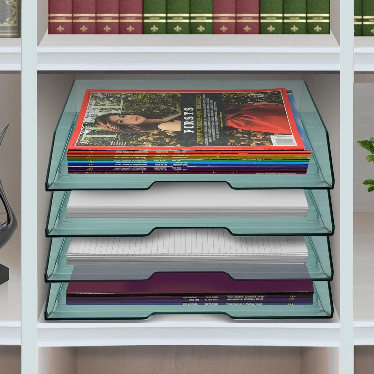 Acrimet 4 Tier Paper Organizer Letter Tray – Plastic Stackable Desk File Organizer, Side Load Paper Sorter for Letter/A4 Office File Folder Holder – Clear Green