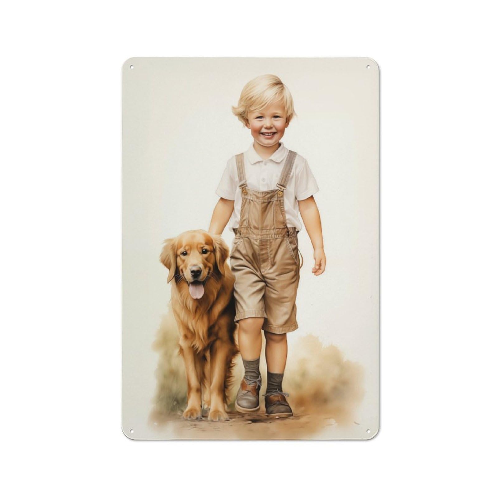 Junmoney Style-14 Metal Wall Sign 30X20cm Featuring Kid And Golden Retriever For Hallway Wall, For Hallway Decor Lovers, For Retro Home Interiors