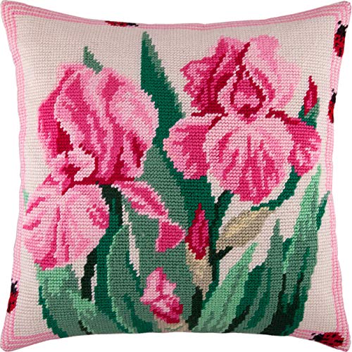 Pink Irises. Needlepoint Kit. Throw Pillow 16×16 Inches. Printed Tapestry Canvas, European Quality