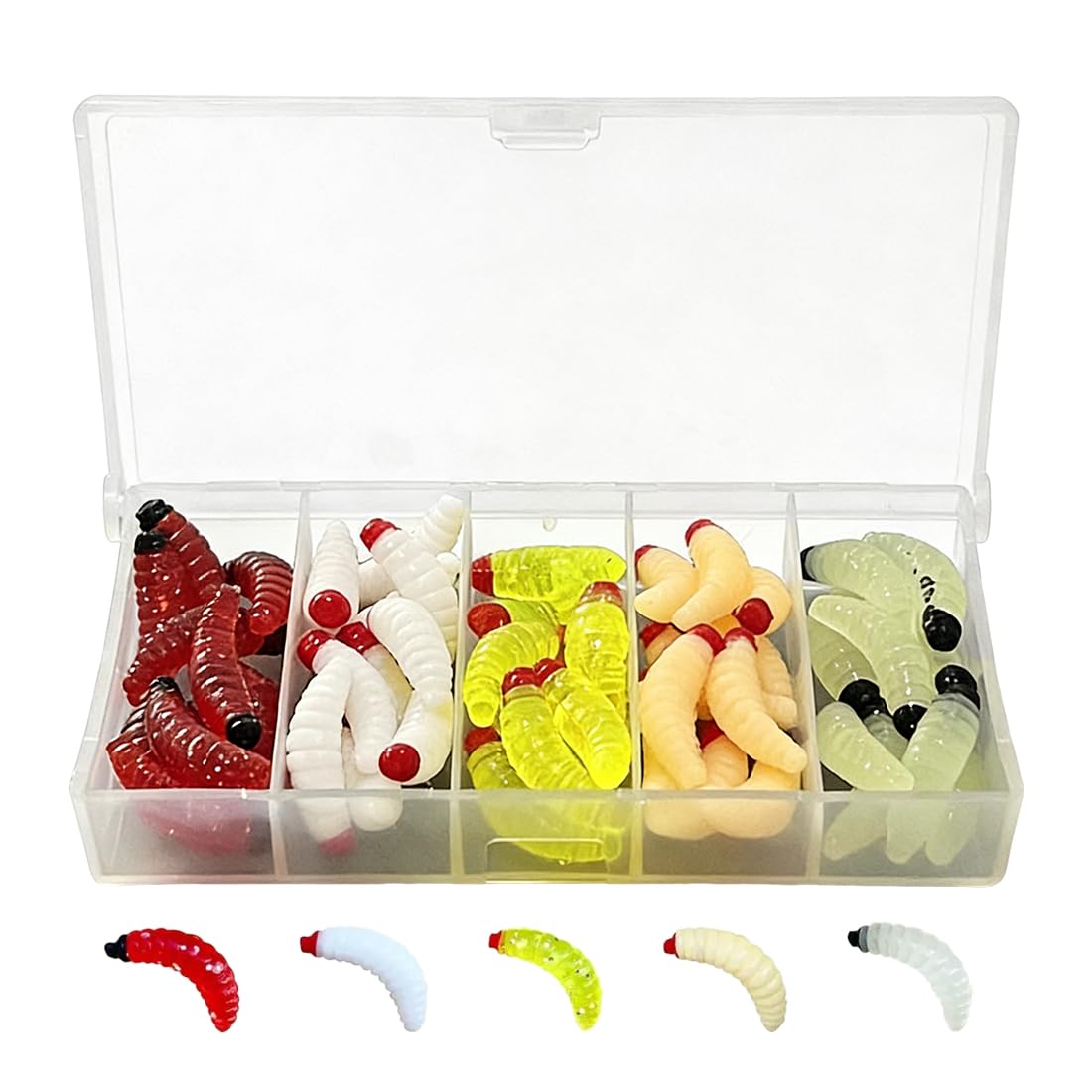 Atrayentes de pesca,50 cebos biomiméticos, 2,4 cm/0,4 g de gusanos de la harina para peces.
