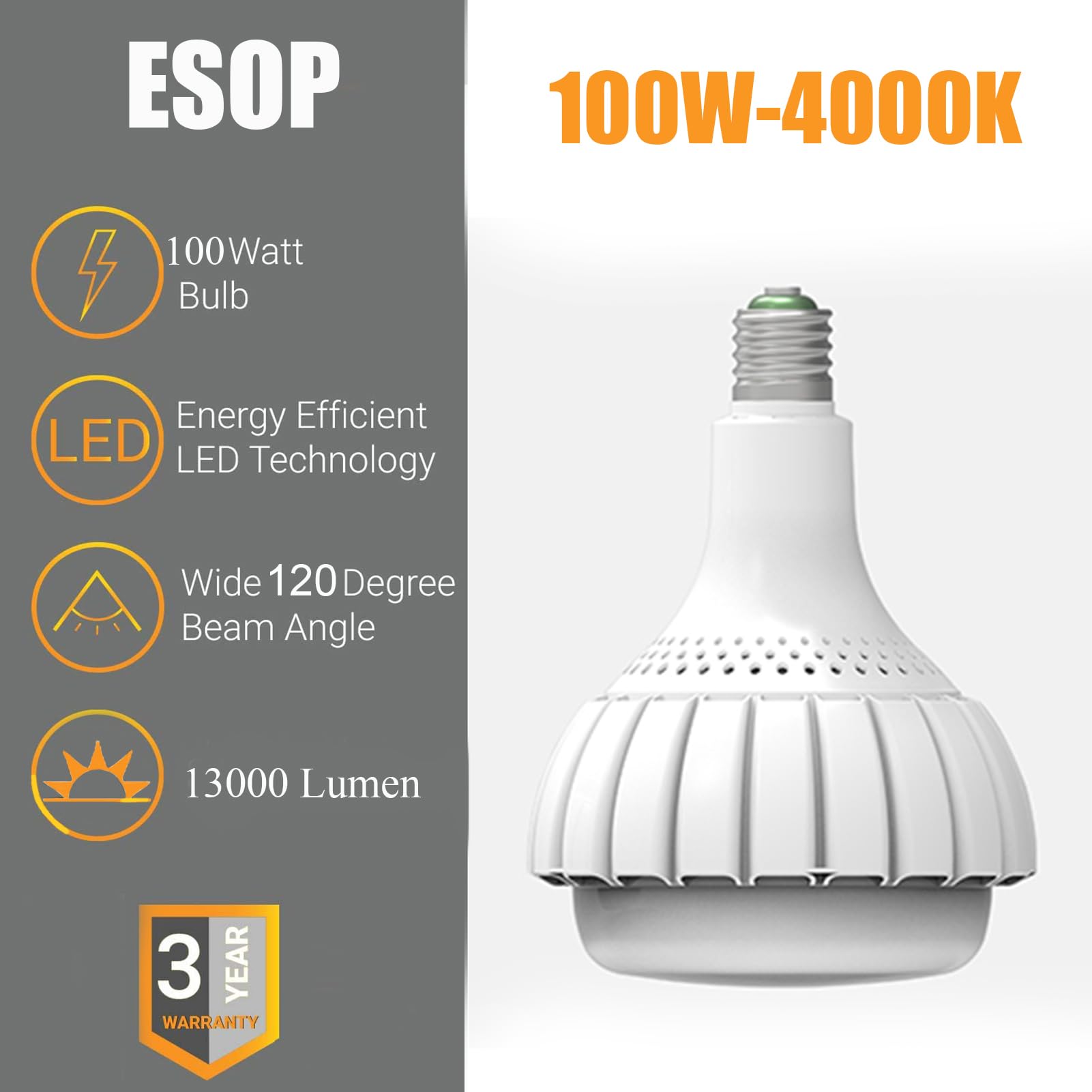 ESOP Ampoule LED E40 100W Blanc Naturel avec Adaptateur E27, Équivaut Ampoules à Incandescence 800W, 4000K 13000LM Ampoule éclairage Led Non Dimmable Lampe Industriel pour Garage Entrepôt Supermarché