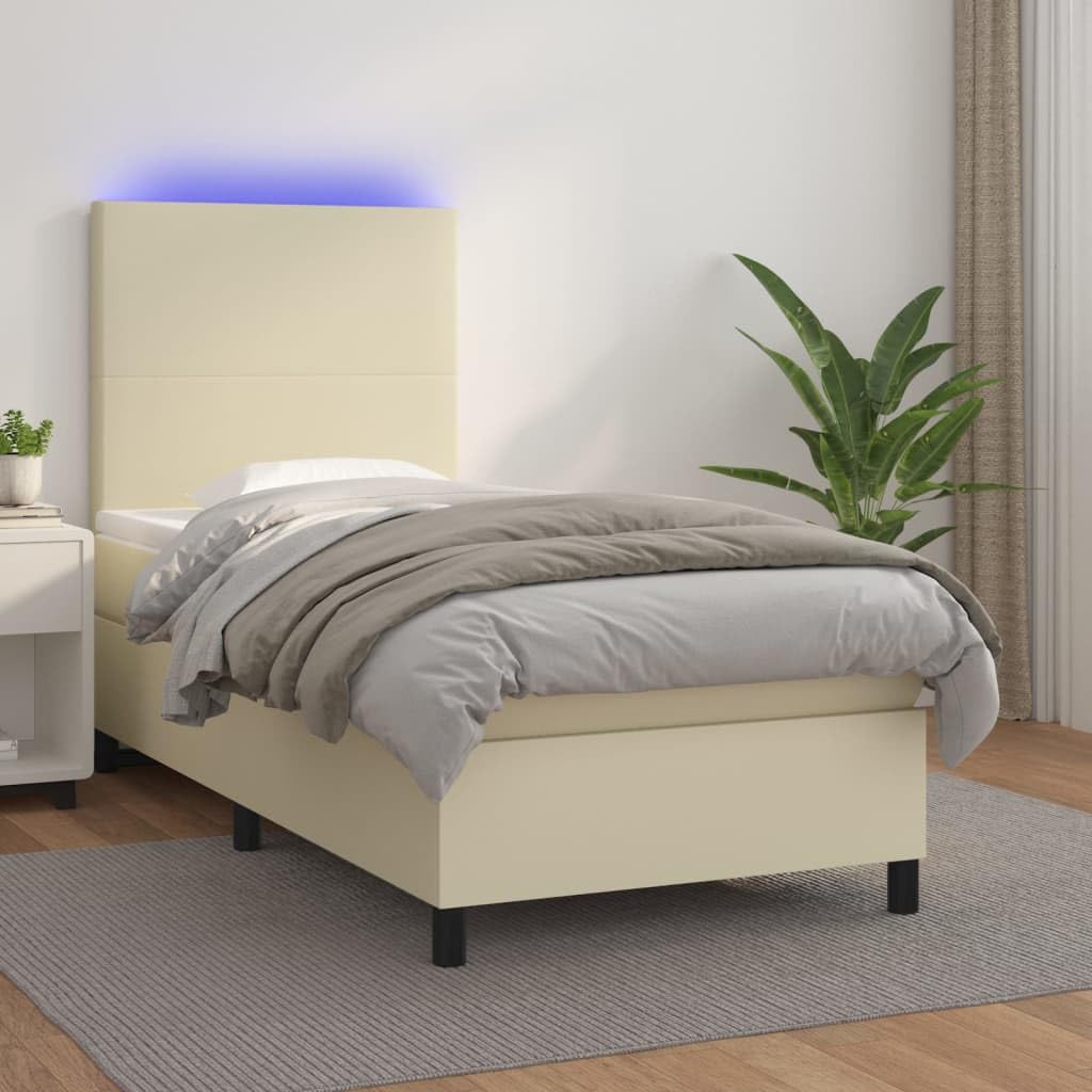 Skóra ekologiczna regulowany zagłówek LED 90x200 cm kremowy | Łóżko kontynentalne z LED i materacem 90x200 kremowe ekoskóra z zagłówkiem i ochraniaczem do sypialni