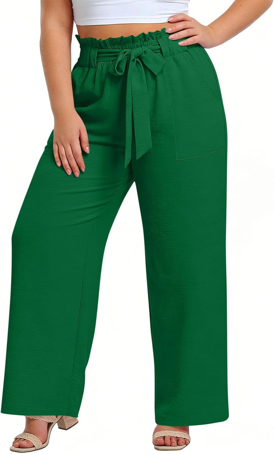 Womens Plus Size Capri Pants Wide Leg High Waist Tie Knot Pants Casual Palazzo Trousers with Pocket