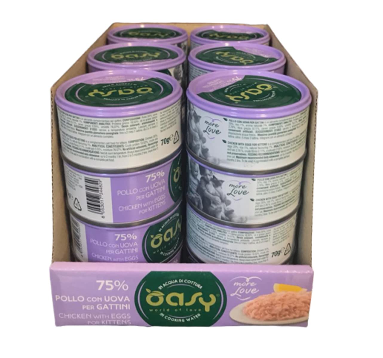 Oasy More Love cibo umido naturale per Gattini gusto Pollo con Uova. Confezione da 24 scatolette (1 scatoletta = 70 gr.) Formulato senza glutine