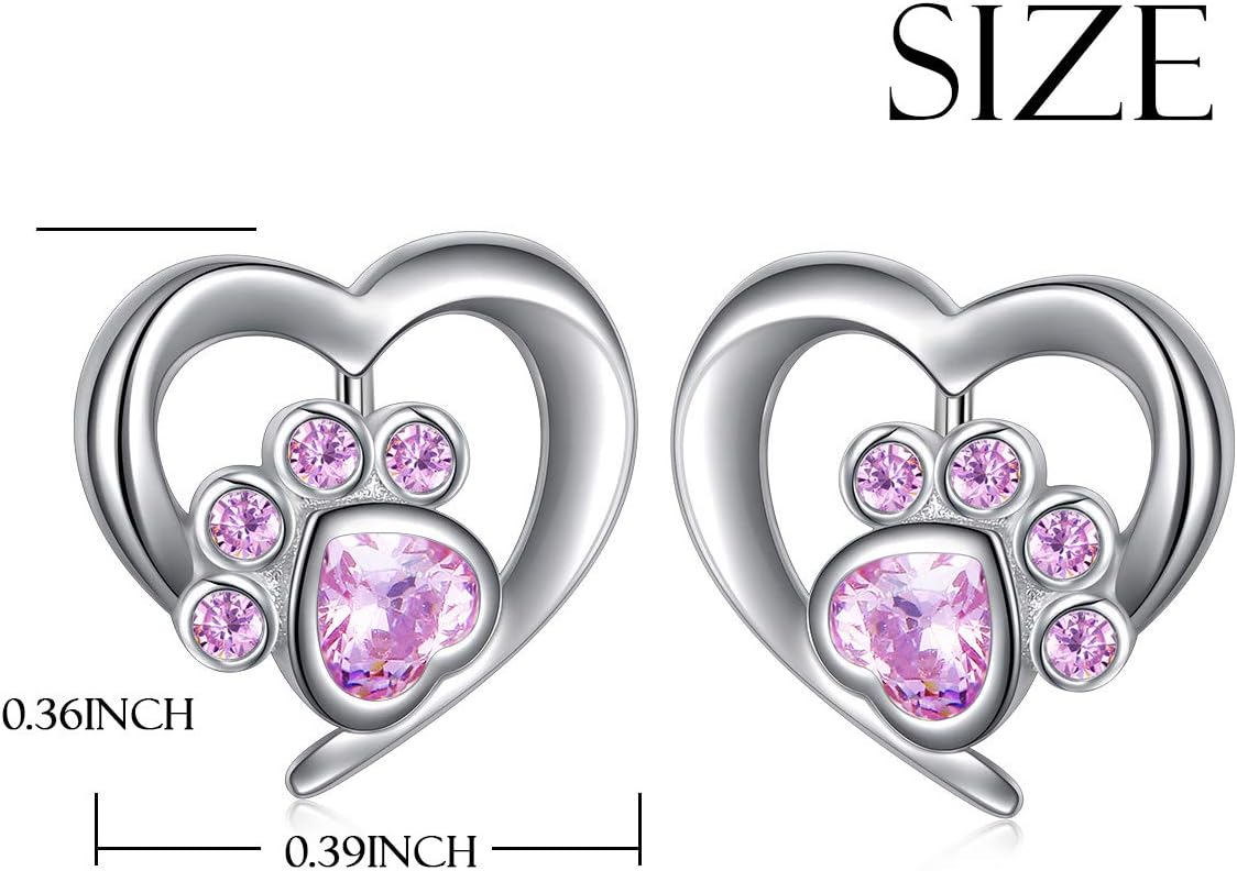 925 Sterling Silver Cute Heart CZ with Cat Puppy Paw Print Stud Earrings Gift for Women Friends (Nickel Free) - Image 6