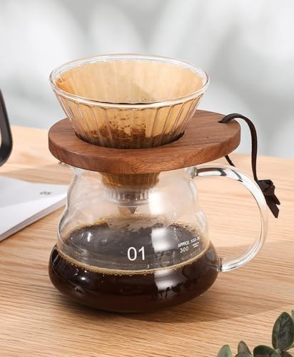 Miniatura 7 de Gotero de café V60, filtro de embudo de café de vidrio, reutilizable, con base de madera de nogal negro, accesorio para cafetera, cafetera