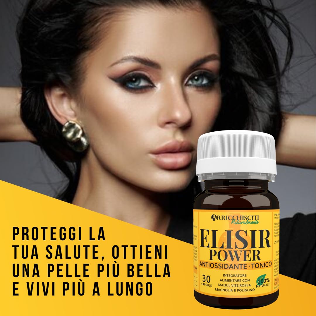 Integratore Antiossidante, Antirughe e Antiage con Polifenoli, Resveratrolo, Maqui, Vite Rossa, Magnolia e Polidatina - Contro Radicali Liberi e Stress Ossidativo - Per Longevità - Elisir Power