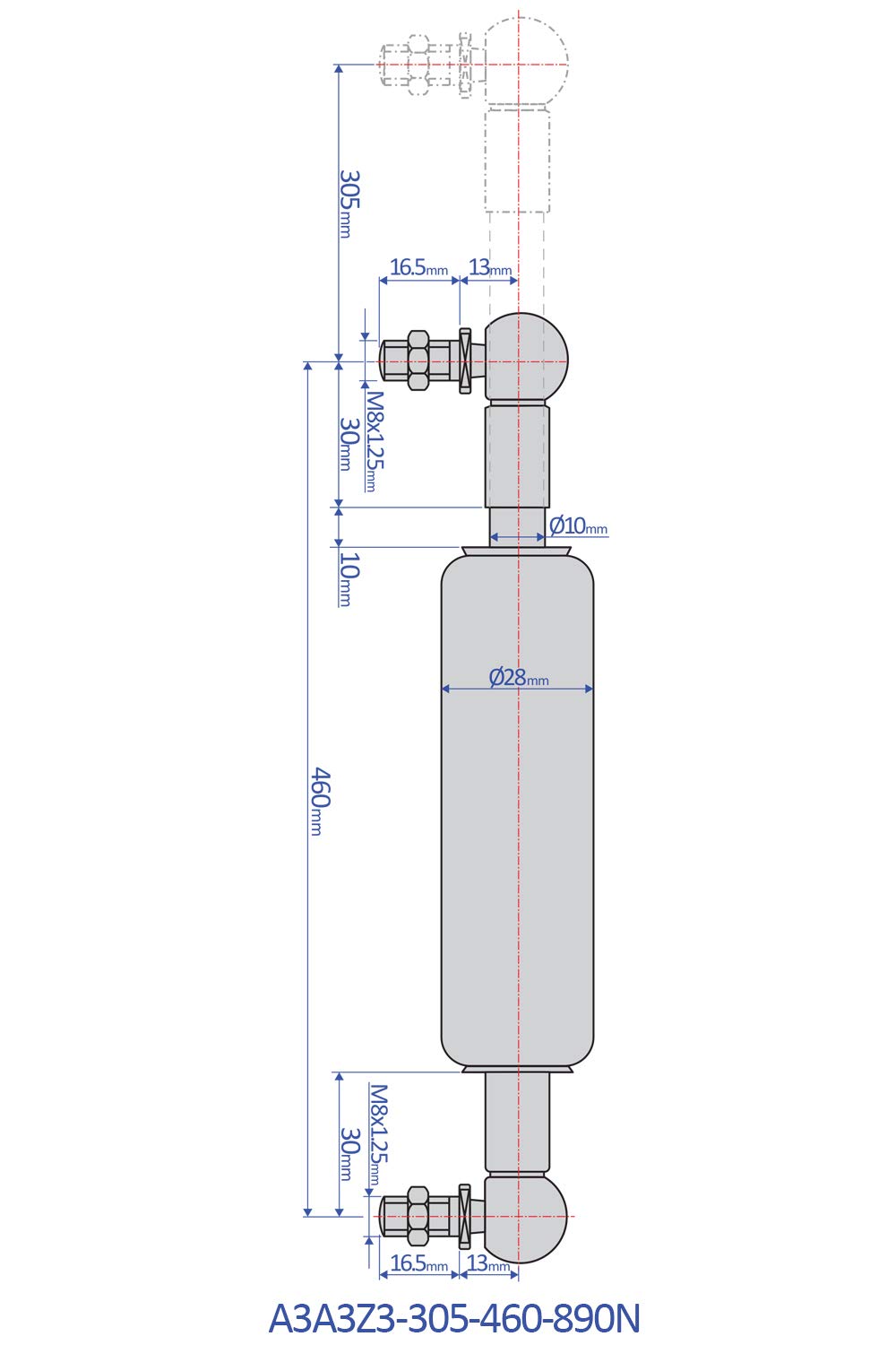 Bansbach – 18 inch (460mm) Traction Gas Spring, Force 890N (200lb)