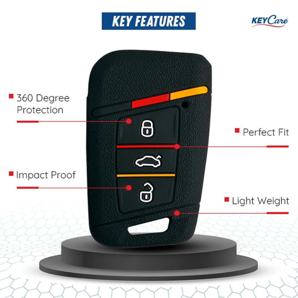 Keycare® Silicone Key Cover Compatible for Kodiaq, Octavia, Superb 3 Button smart Key (Push Button Start Models) (Black)