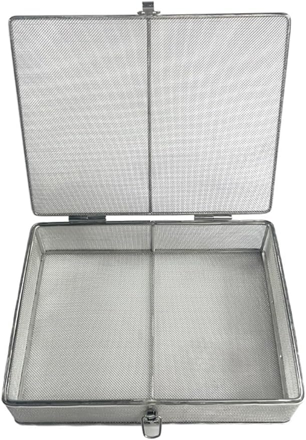 sterylizacji na instrumenty chirurgiczne Kosz siatkowy ze stali nierdzewnej z pokrywką i zatrzaskiem, taca do ładowania urządzenia medycznego(40 * 30 * 7cm,Mesh 0.5mm)