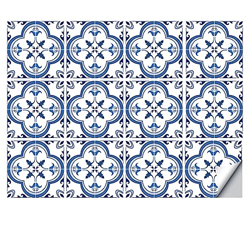 Decorative Tile Stickers Set 12 Units 6x6 Inch Peel and Stick Self Adhesive Removable Blue Talavera Tiles Backsplash Waterproof Kitchen Bathroom Furniture Staircase Home Decor, Blue and White