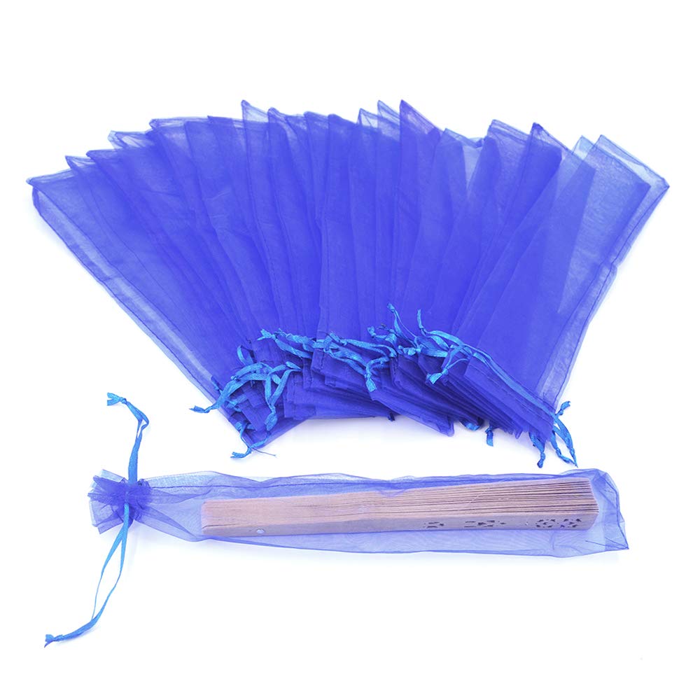 Bezall 50Pcs Organza Fan Bags, 2x10 Inches Folding Hand Fan Decorative Pouches with Drawstring Party Wedding Favor Gift Bags (Royal Blue)