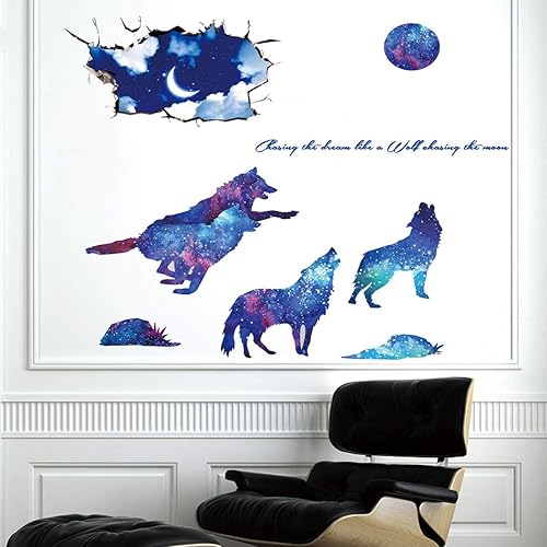 SENGTER Paquete de 2 calcomanías de pared 3D extraíbles, cielo estrellado, lobo y luna, estrellas, papel tapiz impermeable con nubes, decoración de