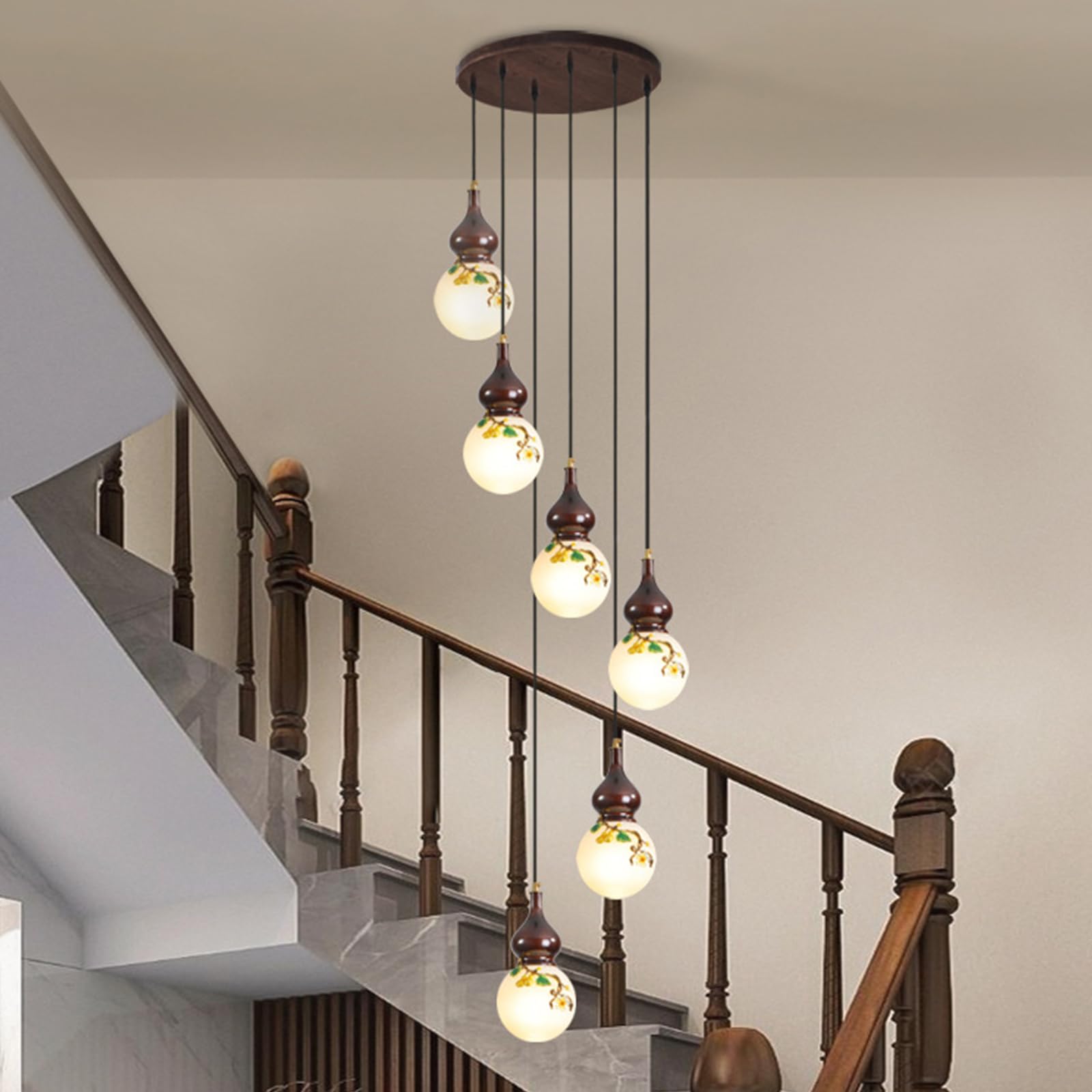 KXEcoLife Retro Multi Glass Balls Staircase Chandelier Spiral Modern Pendant Lights for Villa Duplex Long E27 LED,6 Heads