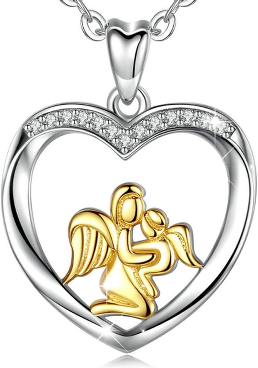 AEONSLOVEMum Necklace Sterling Silver Mother and Daughter Heart Pendant Necklace Mother's Day Jewellery Gift for Mom Grandmother Aunt, 18in Chain