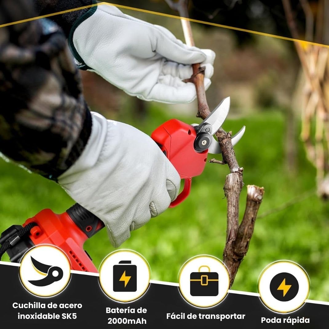 Tijeras de Podar Eléctricas con Maletín, Piedra de Afilar [2 Baterías de 21V] – Podadora Eléctrica de Precisión con Ángulo de Corte de 3mm, Ligera y Potente – Ideal para Viñedos, Árboles y Jardines