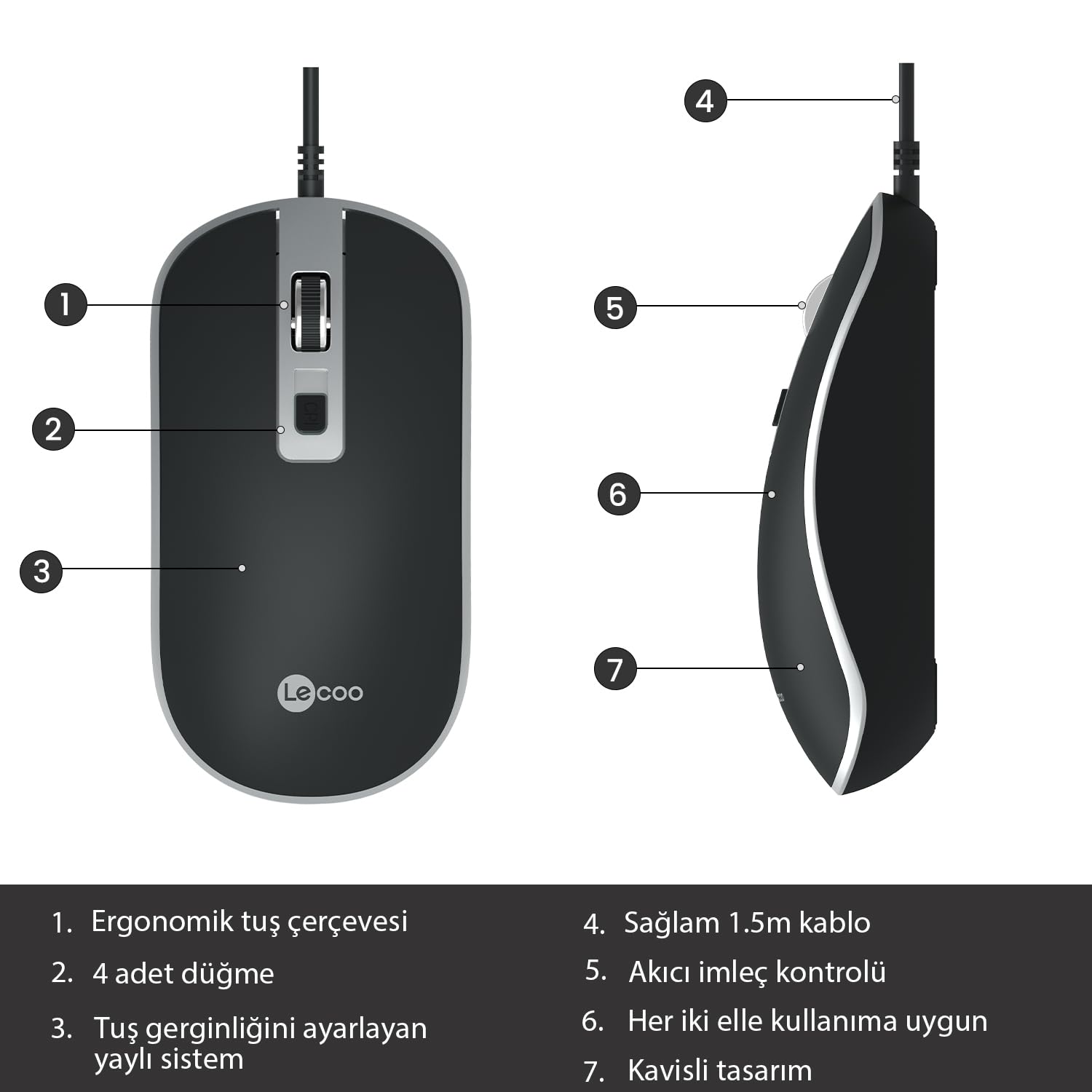 lecoo Ratón USB MS104 Negro Ambidiestro Plug and Play 1600 DPI Cable Ajustable 140 Cm Sensor Óptico
