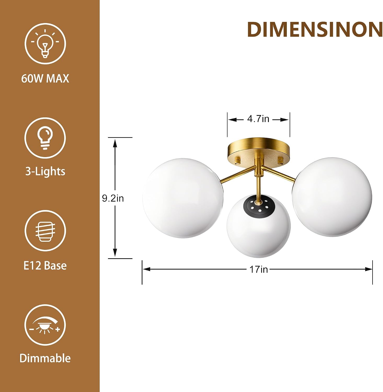 Maxax 17" Ceiling Light, 3 Lights Modern Flush Mount Fixture with Opal Milk Glass Globe, Sputnik Mid Century Semi Chandelier, for Dining Room, Bedroom, Entryway, Hallway, Black Gold