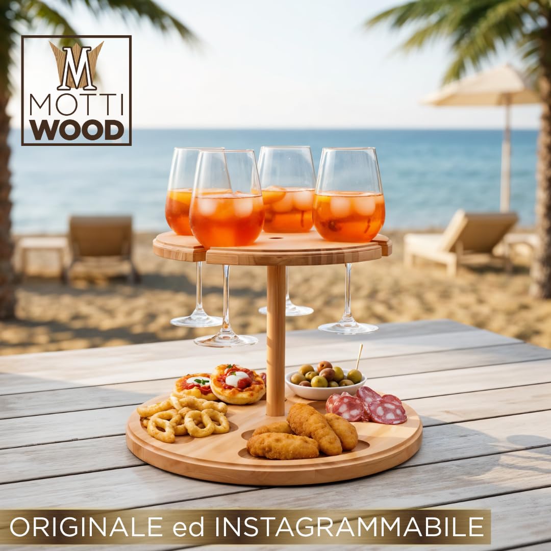 Mottiwood Alzatina 4 Bicchieri, Vassoio Aperitivo, 2 Ripiani, 4 Spazi Porta Bicchieri, 100% Legno Faggio, Idea Unica, Dimensioni: 32,5x23hcm