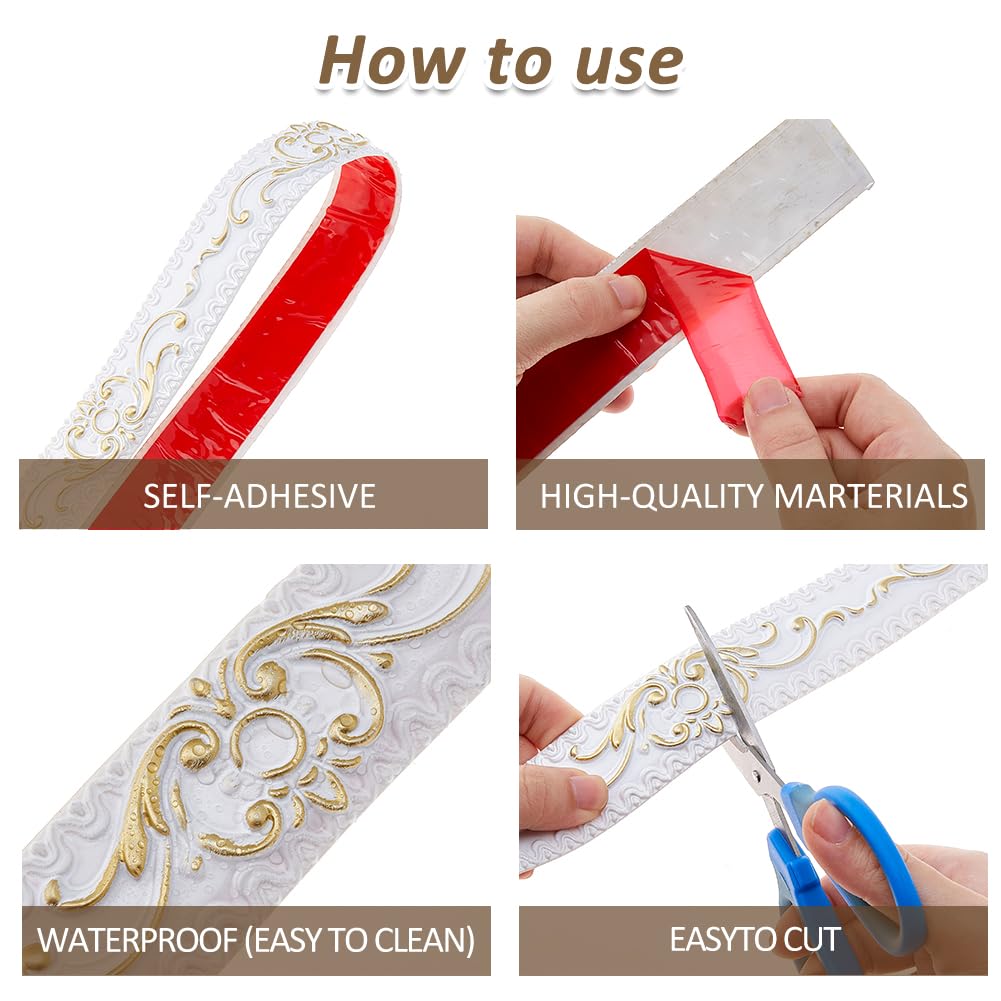 SUPERFINDINGS Rouleau de 5m de Moulure en PVC Autocollante pour Mur Plafond Miroir Bordure de Papier Peint pour Garde Robe Décoration D'Intérieur Doré 37x5.5mm