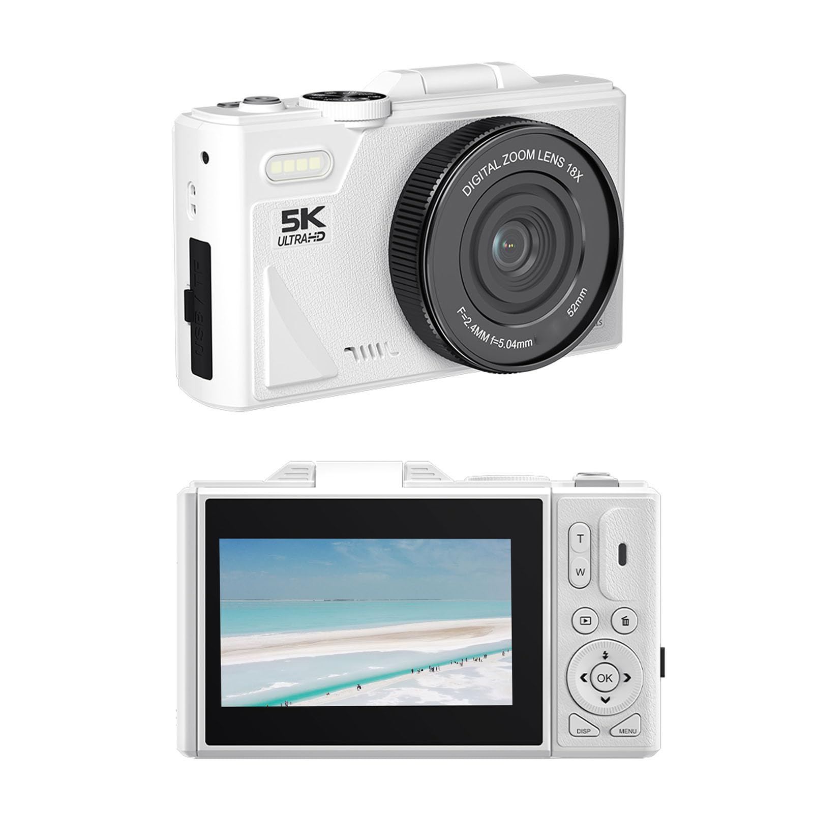 Annadue Appareil Photo Numérique 5K pour la Photographie, 75 MP, Zoom 18X, étanche, WiFi, avec écran Rabattable à 180 Degrés de 3 Pouces, pour Débutants, Adolescents et (White)