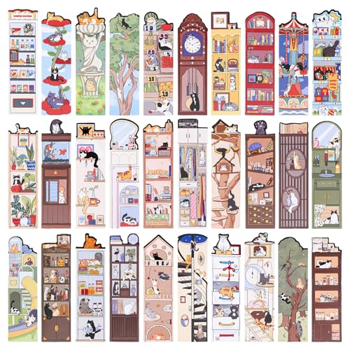 JSRQT 30 Piezas Separadores de Libros de Papel Tema Vida Gato, Marcadores de Página Bonitos,Separador de Libros para Amantes de los Gatos Lectura