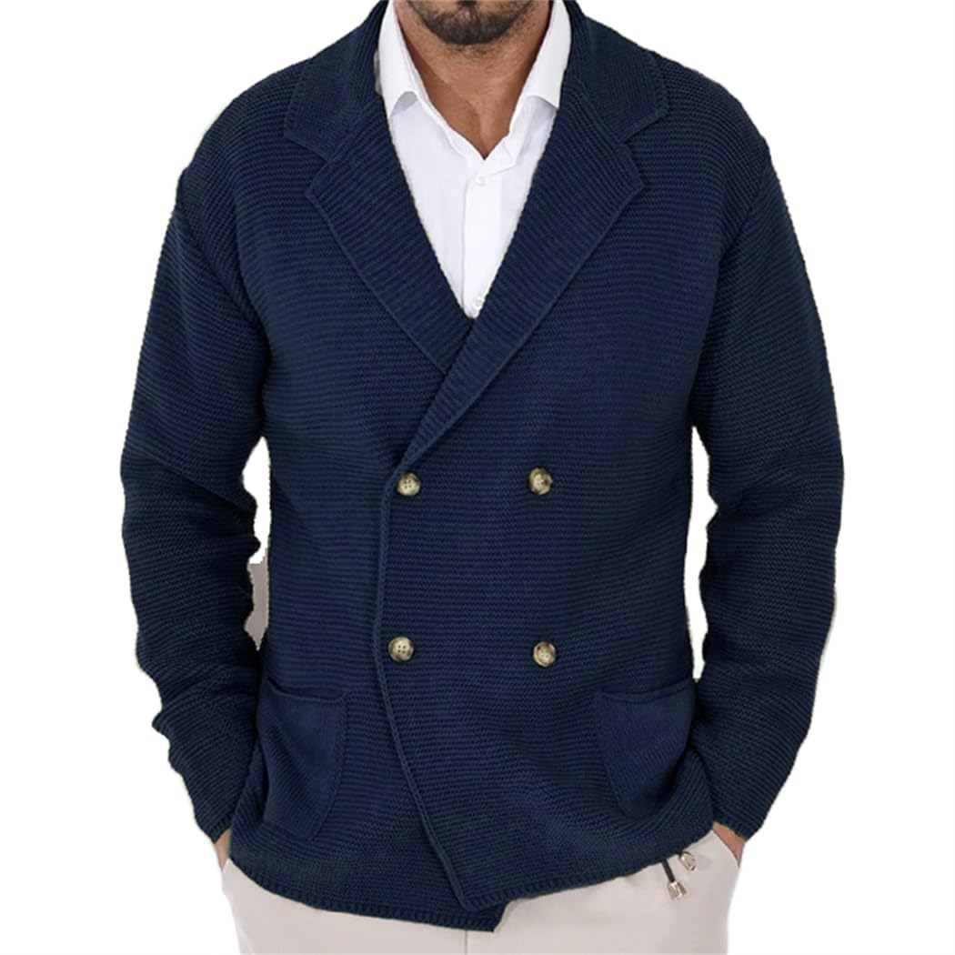 Wekumgy Men's Navy Cardigan Sweater Shawl Collar Cable Knit Cardiagn Winter Warm Button Down Sweaters With Pockets