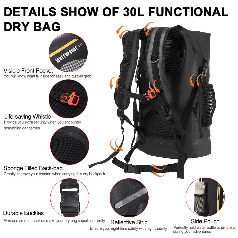Zaino impermeabile da 30 l, per nuoto, pesca, surf, rafting, canottaggio, kayak, canoa, con sacca extra piccola da 2 l