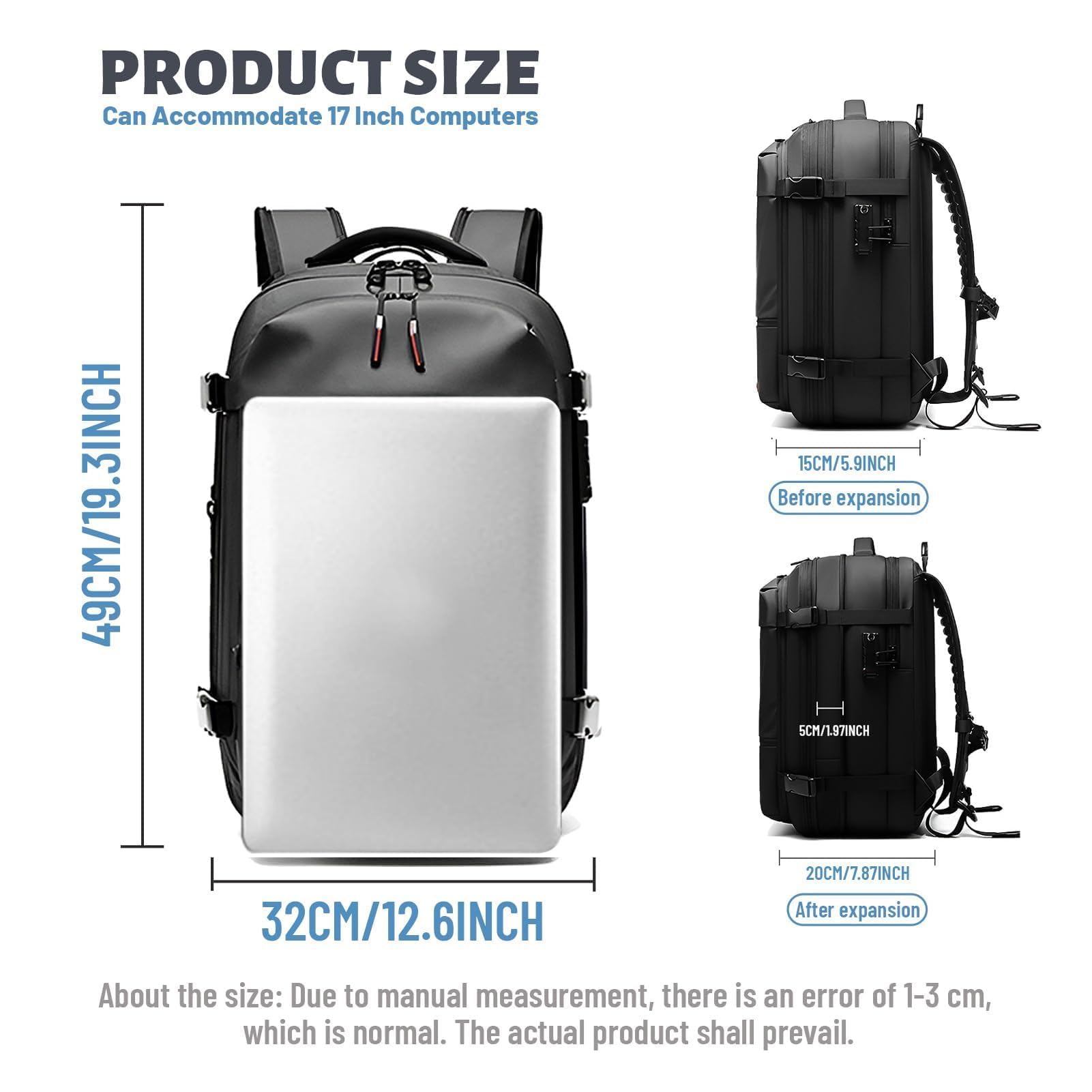Bewinner Vakuum-Rucksack für Reisen, 30 L Erweiterbarer Reiserucksack, Wasserdichter Anti-Diebstahl-Vacpack, Rucksack mit Vakuumpumpe für Geschäftsreisen