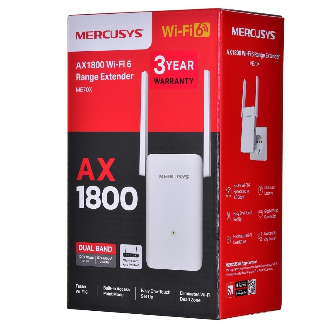 [Nuevo] MERCUSYS ME70X - Repetidor WiFi 6 AX1800, Amplificador WiFi Doble Banda, 1xPuerto Gigabit, Modo Punto Acceso, Indicador LED Inteligente, Botón WPS, Control Desde App