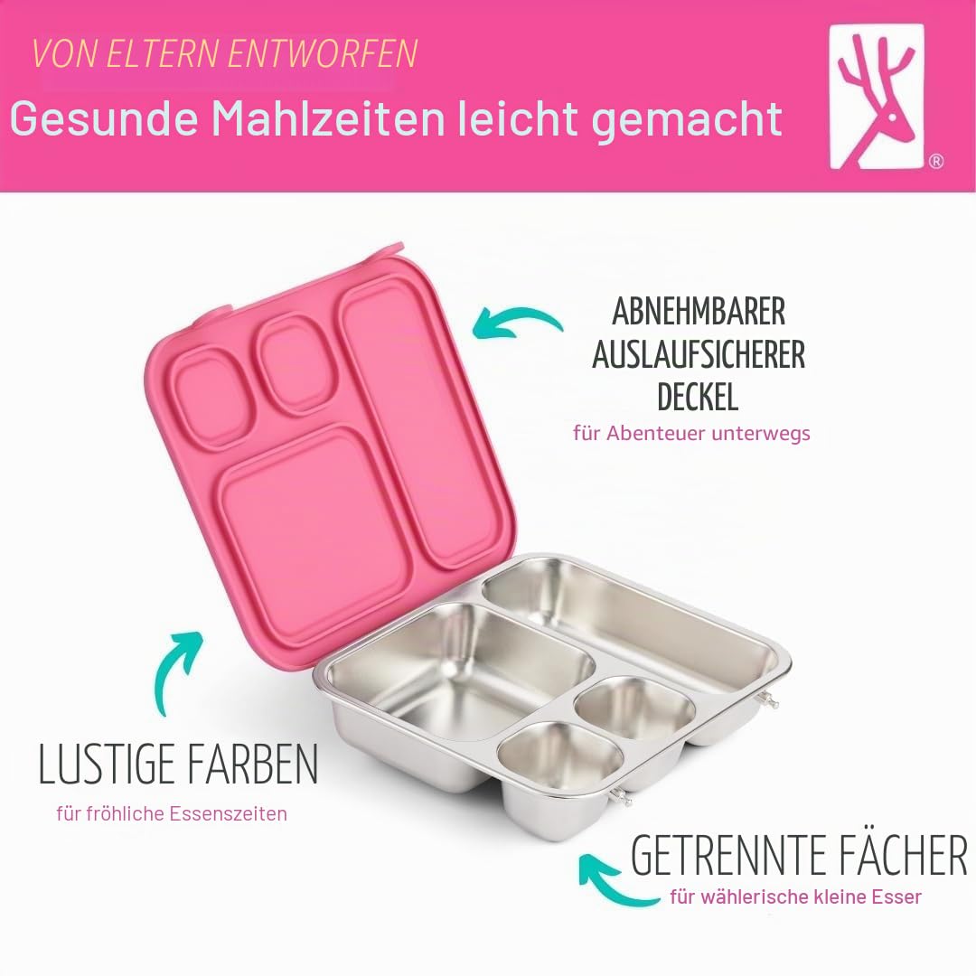 Elk and Friends Kinder Bento-Box aus Edelstahl mit Silikondeckel | Auslaufsicher | Brotdose für Kleinkinder | 4 Fächer | Spülmaschinenfest