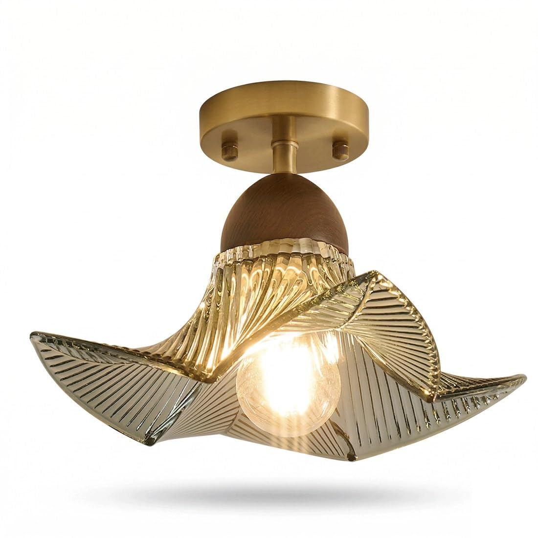 IvyLoutish Mid-Century Modern Vintage Style Ceiling Light, Brass Walnut Wood and Colorful Scalloped Wavy Glass Shade, Plafond, Flush Mount Fixture, Lamp, Luminaire Suitable for Hallway(Blue-Green)