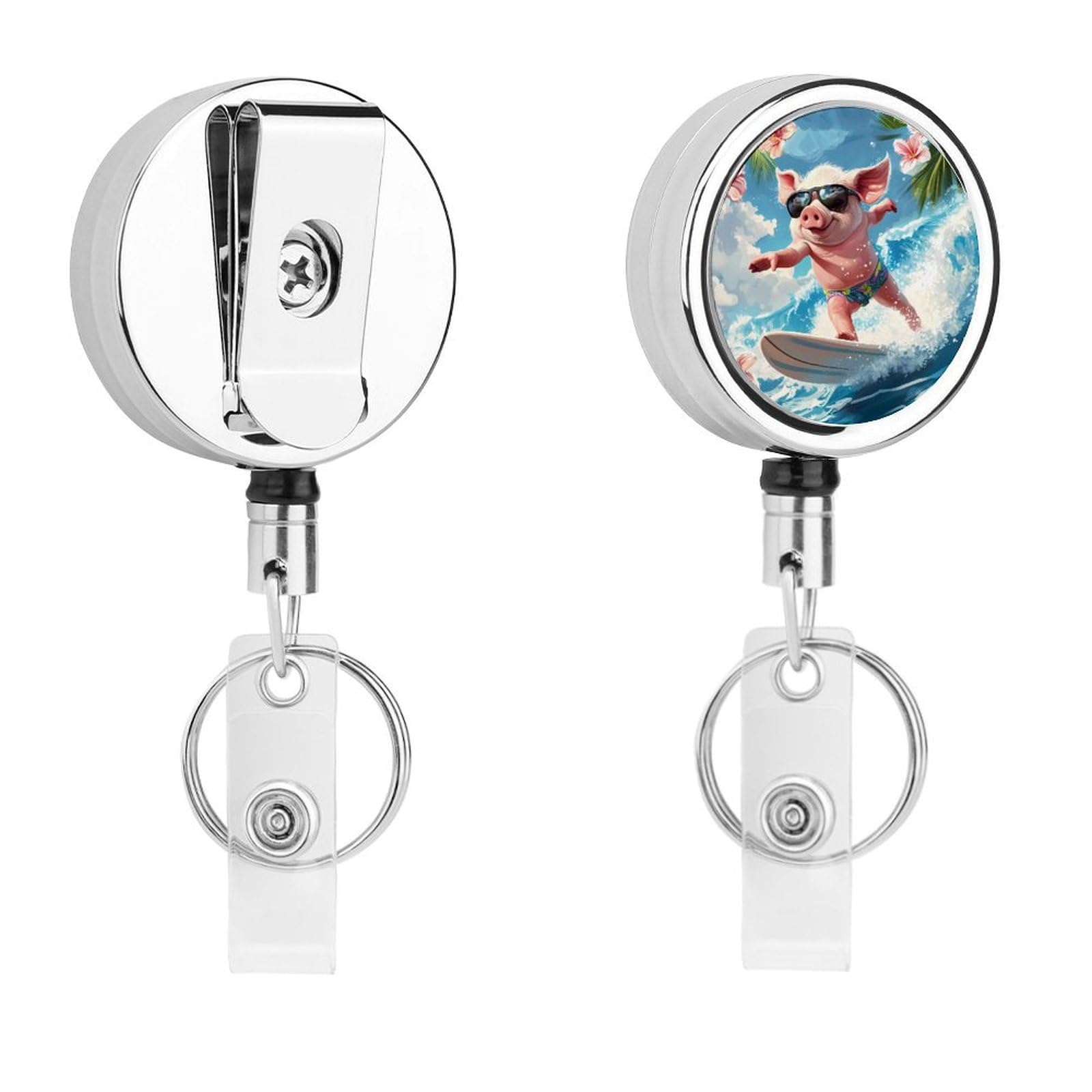 Pigs Surfing Retractable Badge Holder Metal ID Name Holder Key Ring with Belt Clip