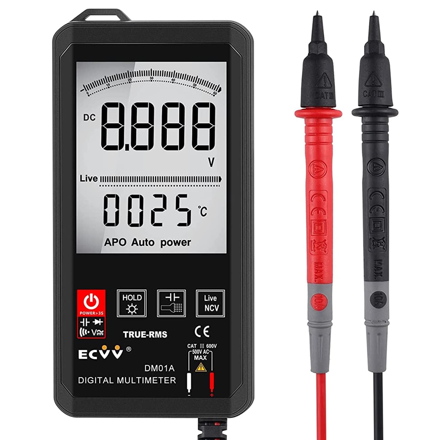 6000 Counts Touch Digital Multimeter Auto Recognition Mini NCV Handheld Multimeter 1000V DC Voltage Meter Large Screen Universal Meter (Black)