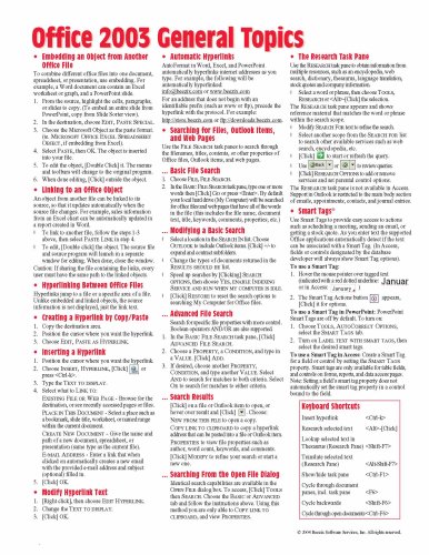 Microsoft Office 2003 General Topics Quick Reference Guide (Cheat Sheet ...