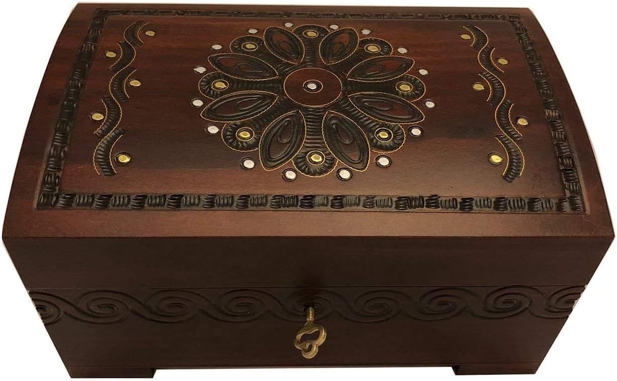 MilmaArtGift Art Deco Flower Decorative Wooden Chest Box Polish Handmade Linden Wood Jewelry Chest Keepsake Box
