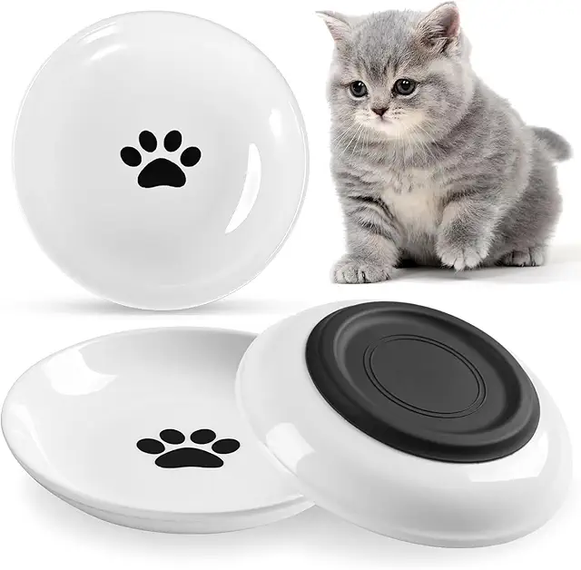 Gamelle Chat Céramique 3 Pièces Antidérapante, Large Bol Plat pour Nourriture et Eau