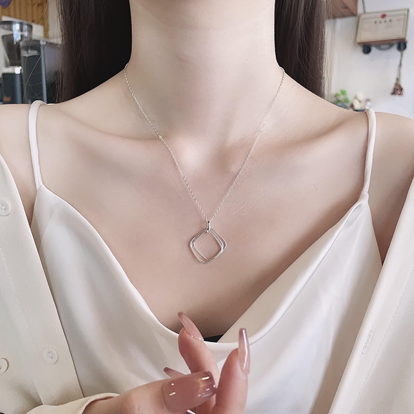 Collane per le donne Argento 925, Collana Pendente Geometrico Quadrato Argento Dimensione 42+3Cm