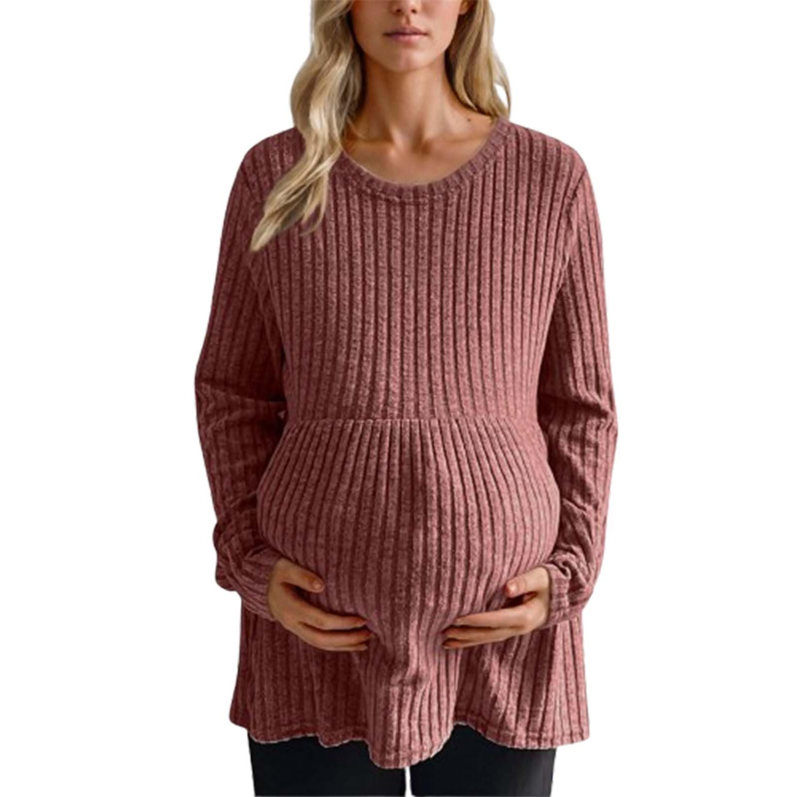 Keepink Haut de maternité uni extensible en tricot côtelé à manches longues pour femme - Pull ample - Tunique ample - Pull d'allaitement confortable pour la grossesse et le repos prénatal